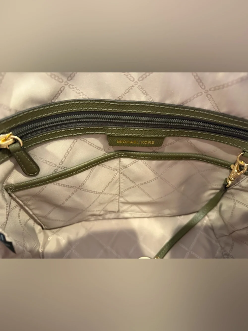 Michael Kors Dark Olive Saffiano Leather Tote with Gold Logo Charm - Picture 10 of 16